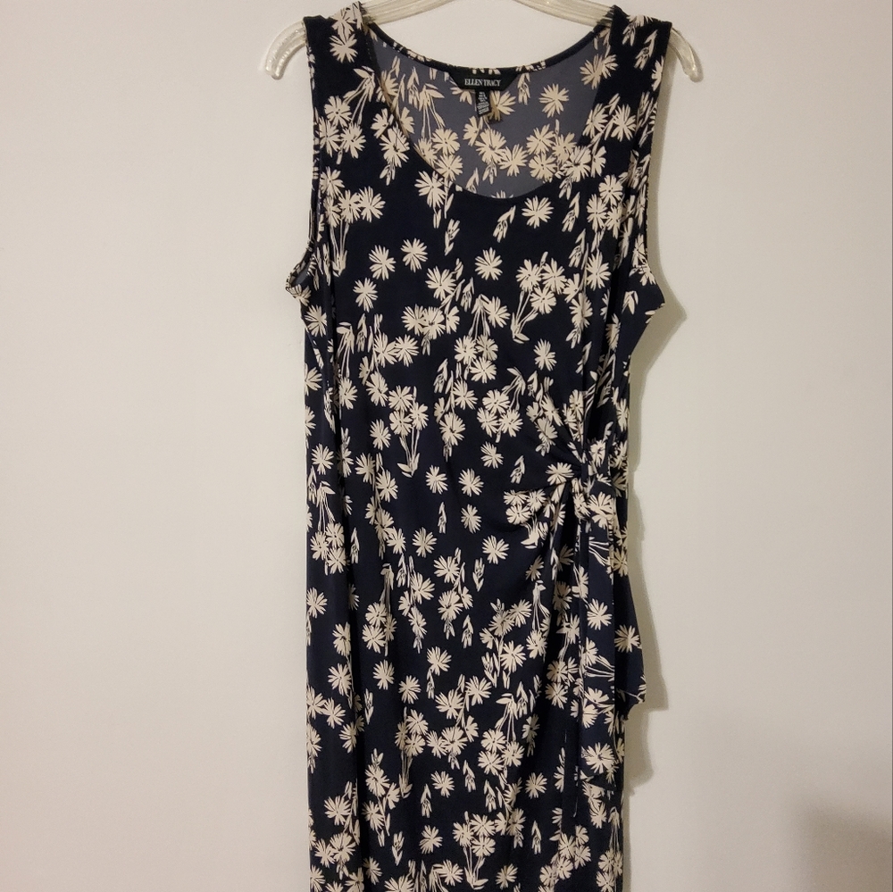 Ellen Tracy Black/White Floral Print Sleeveless Side Knotted Wrap Dress Size L - Picture 7 of 9